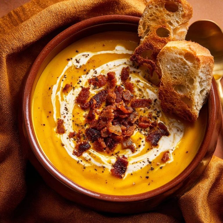 Roasted butternut squash soup garnished with crispy bacon and a swirl of cream, served with toasted bread.