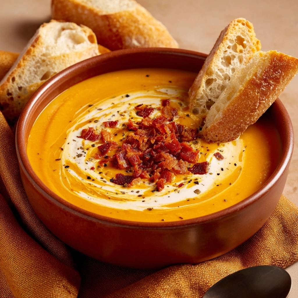 Roasted butternut squash soup generously garnished with crispy bacon and a swirl of cream, served with crusty bread.