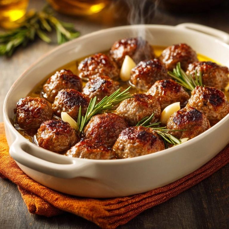 Rosemary garlic meatballs steaming in a white oval baking dish with fresh rosemary sprigs and garlic cloves.
