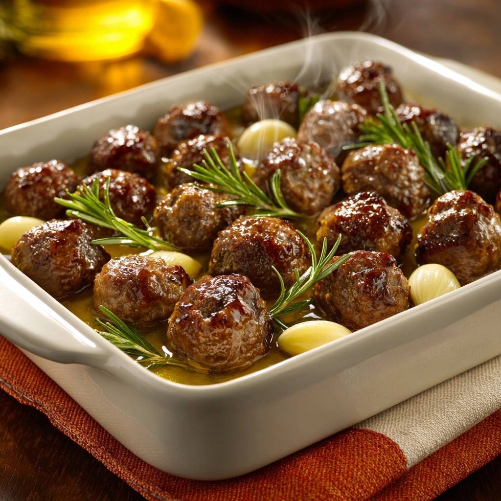 Rosemary garlic meatballs steaming in a white baking dish with fresh rosemary and whole garlic cloves.