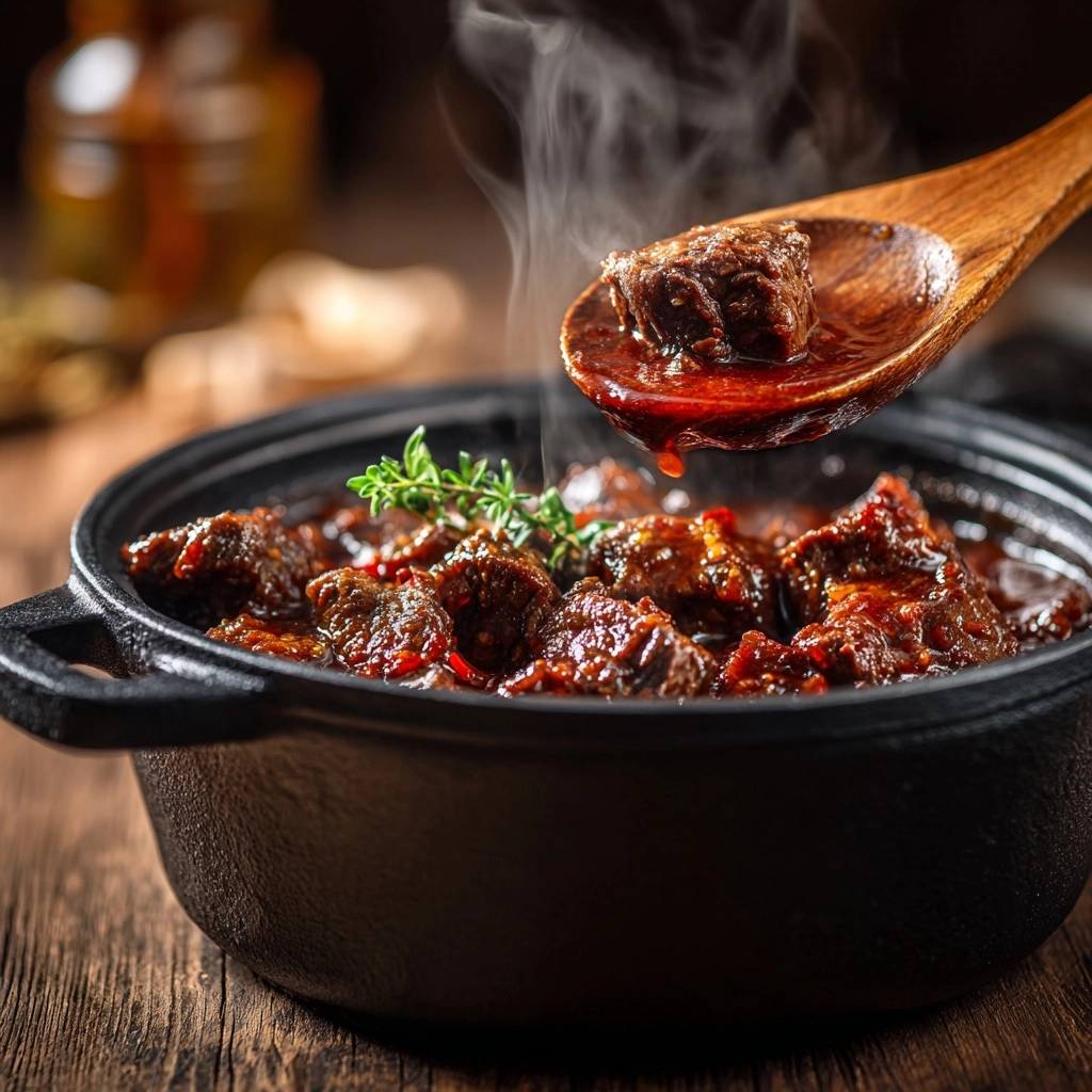Rosemary spiced beef stew with a spoonful being lifted, showing tender braised meat and rich sauce.