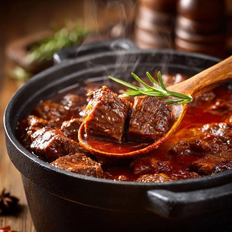 Rosemary spiced beef stew with a wooden spoon lifting tender chunks, showcasing the rich broth and garnish.