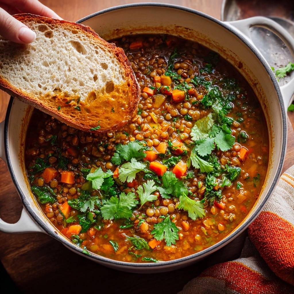 Rustic carrot lentil soup with a slice of crusty bread being dipped in