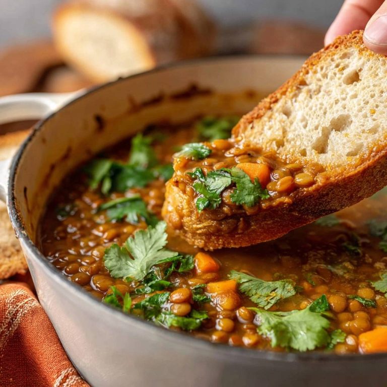 Rustic carrot lentil soup with a piece of crusty bread being dipped into the hearty, thick stew.