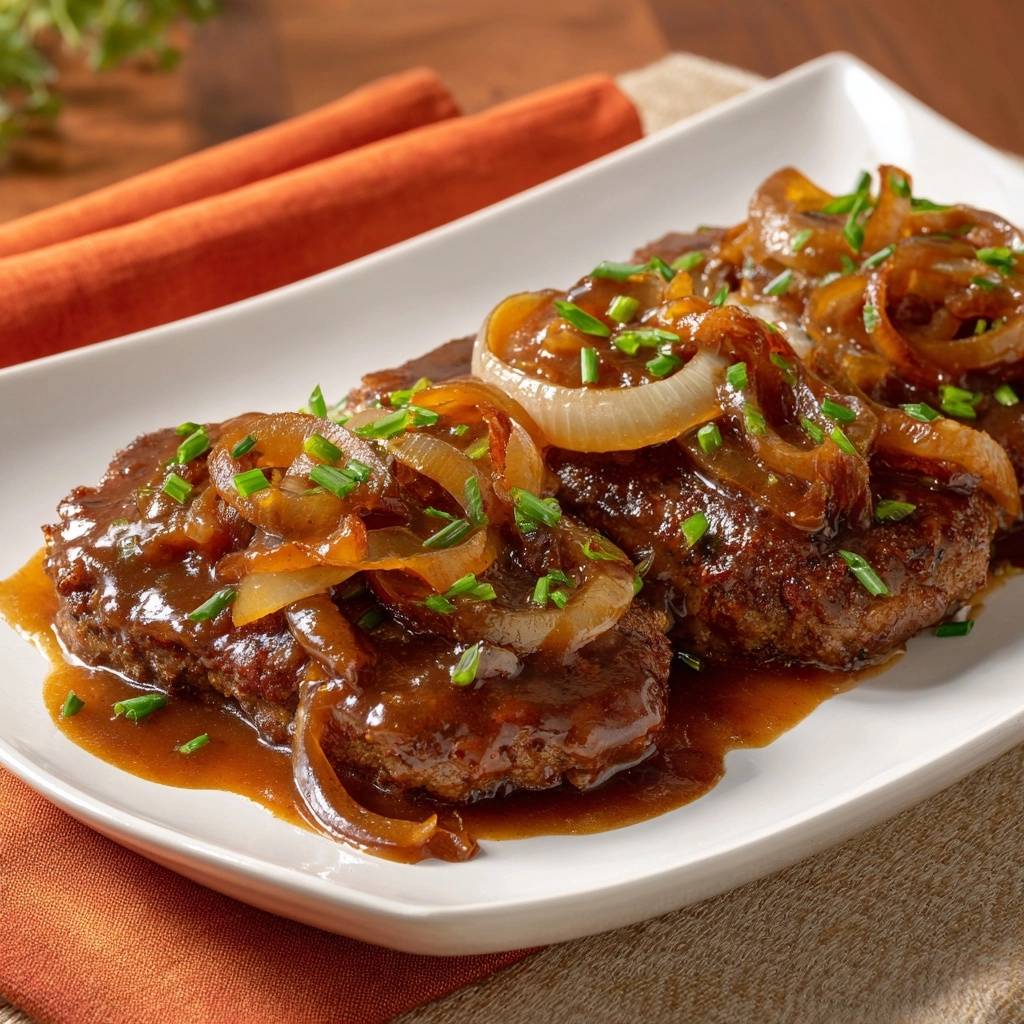 Juicy Salisbury Steak with Caramelized Onions plated and topped with fresh chives, showcasing a rich brown gravy.