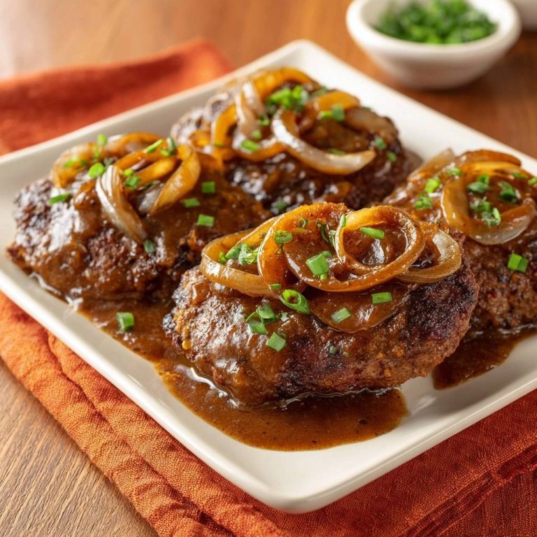 Juicy Salisbury Steak with Caramelized Onions plated on a white dish with three portions and gravy.