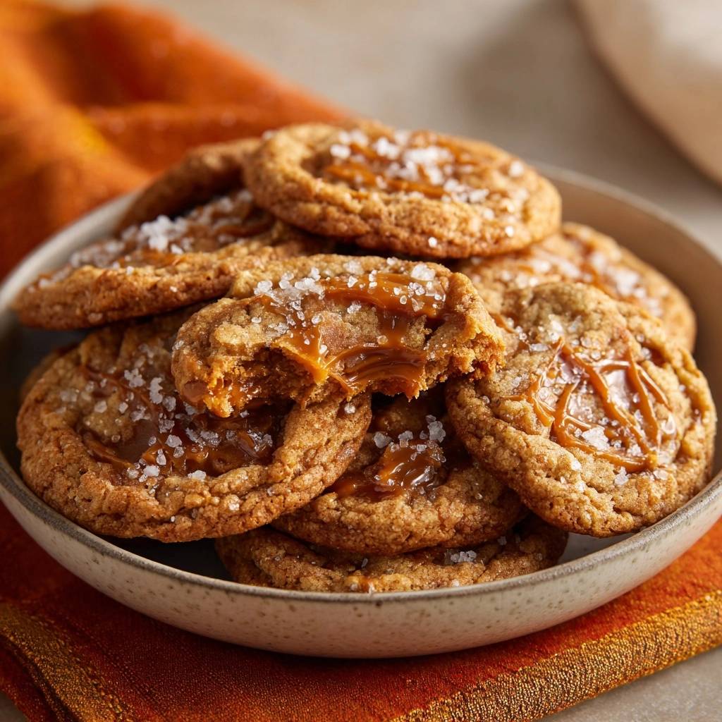 Salted caramel stuffed cookies cross-section showing a gooey, leak-proof caramel center and flaky cookie texture.