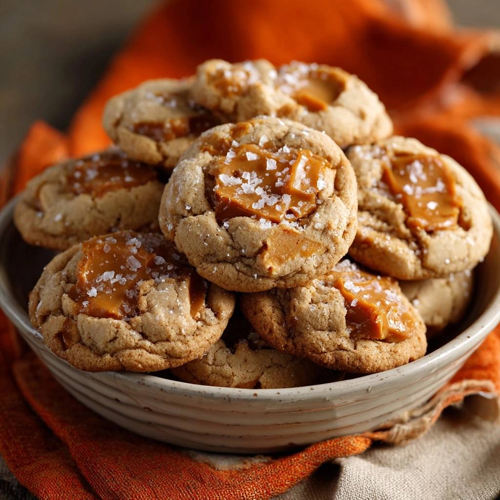 Salted caramel stuffed cookies with a close-up view of the gooey caramel filling and coarse sea salt topping.