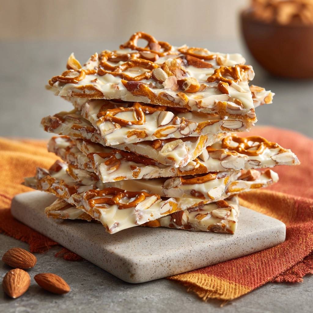Salty-sweet pretzel almond white chocolate bark stacked high, showcasing the layered texture of pretzels and almonds within white chocolate.