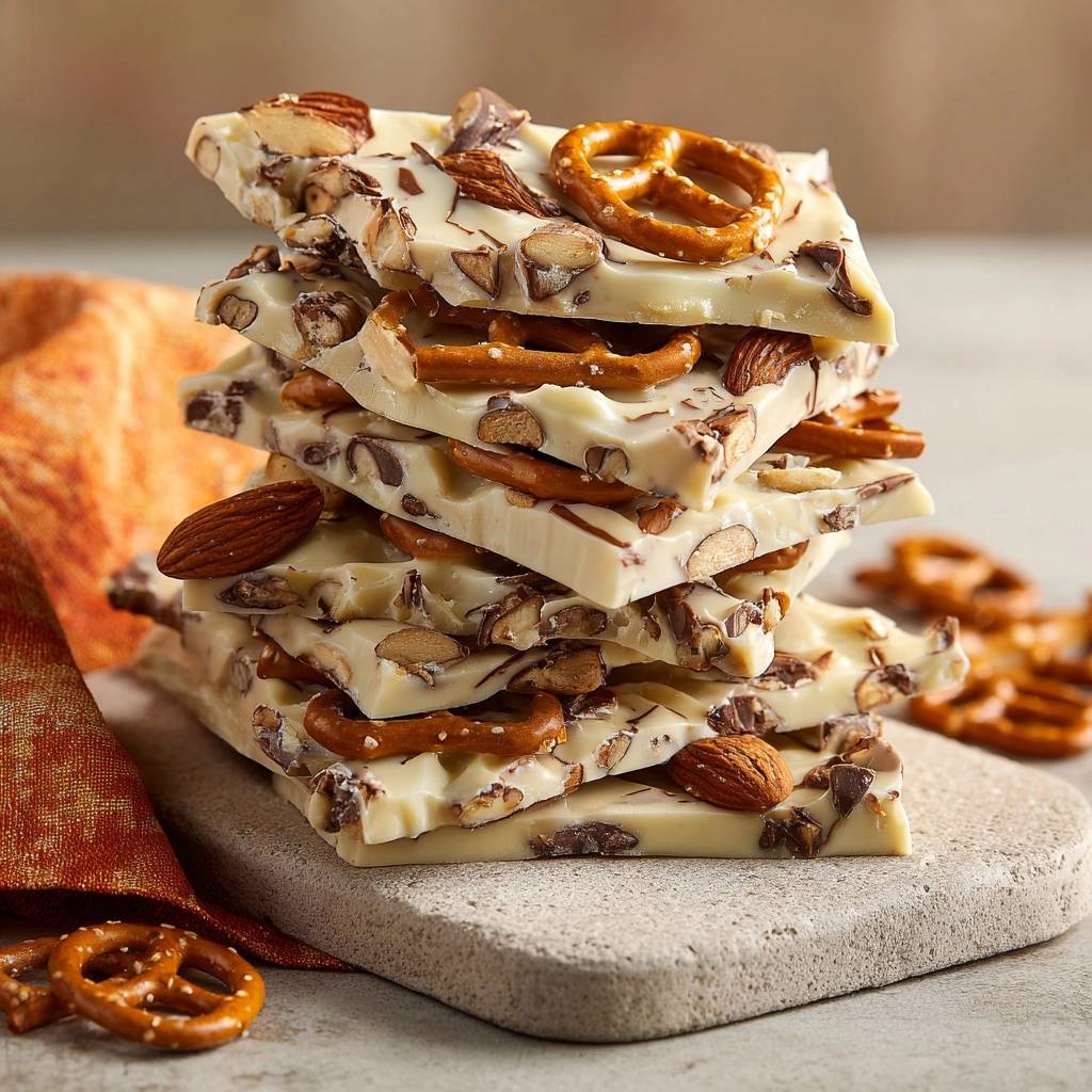 Salty-sweet pretzel almond white chocolate bark stacked high on a stone board, showing pretzels and almonds embedded within.