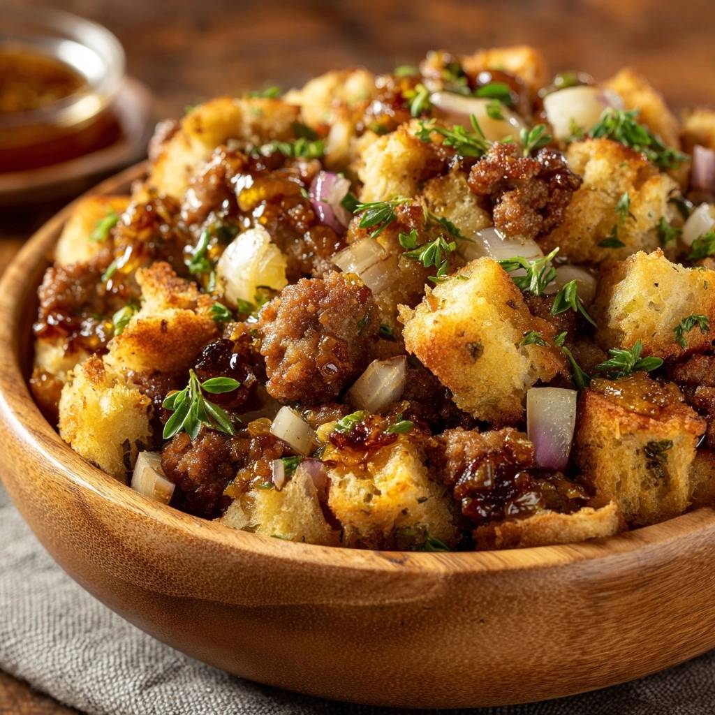 Sausage leek stuffing served in a wooden bowl with a close-up view of the ingredients and herbs.