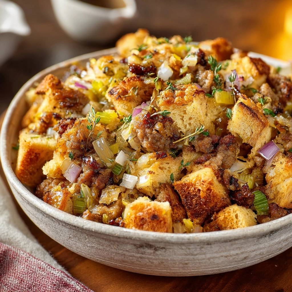 Sausage leek stuffing in a rustic bowl, showing a close-up view of the textures and ingredients.