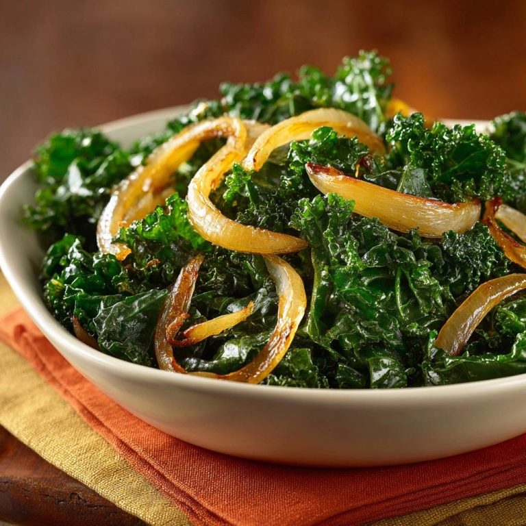 Sauteed kale with caramelized onions served in a white bowl, shown in a close-up detailed view.