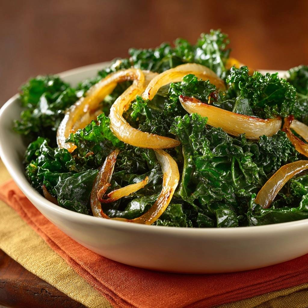 Sauteed kale with caramelized onions served in a white bowl, shown in a close-up detailed view.
