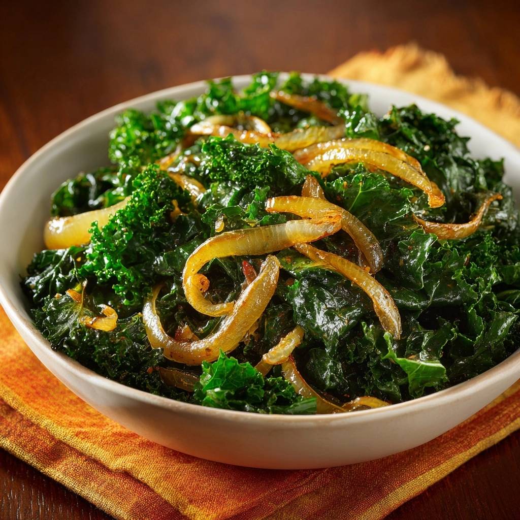 Sauteed kale with caramelized onions served in a white bowl, showing a close-up view of the textures and ingredients.