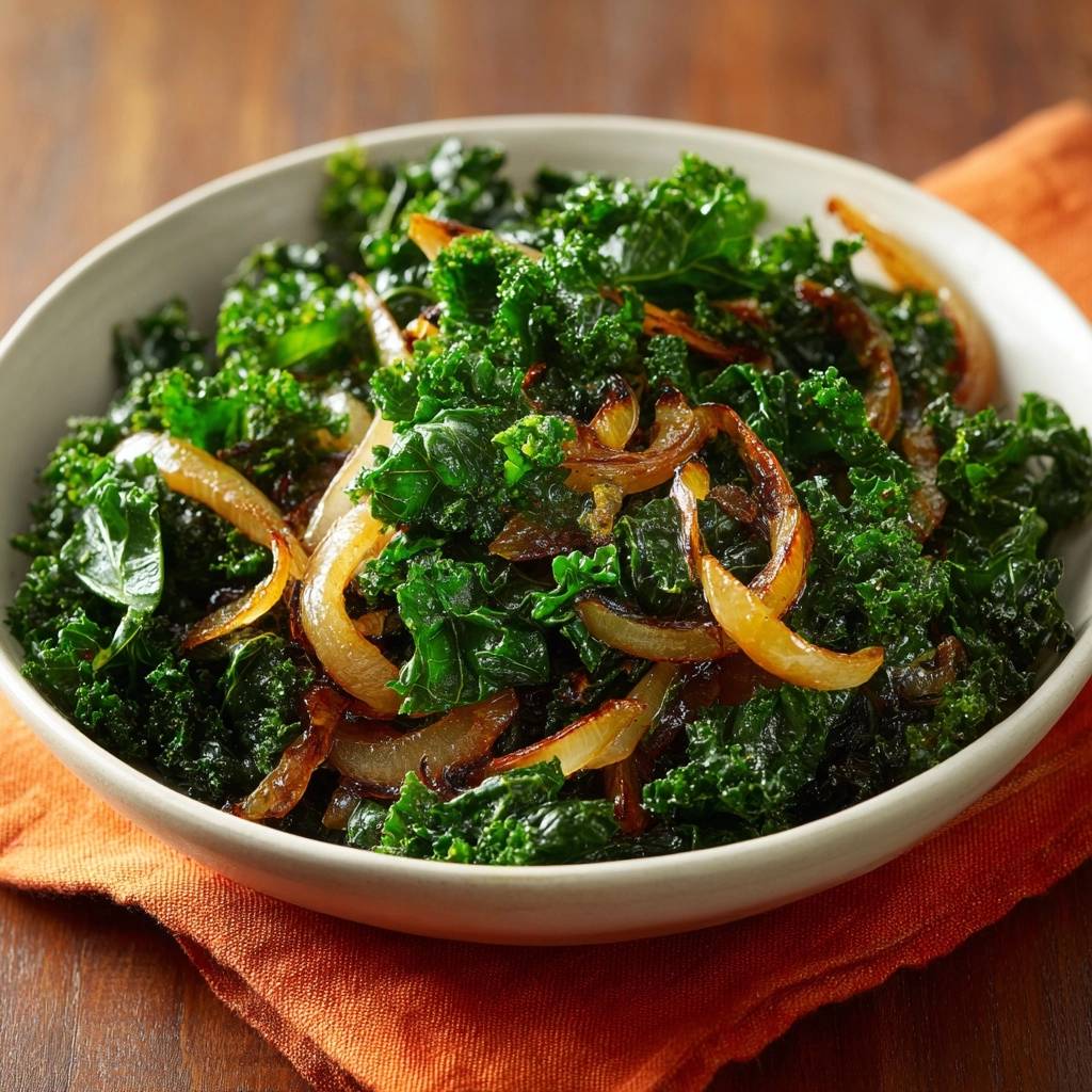 Sauteed kale with caramelized onions served in a white bowl, presented as a close-up view.