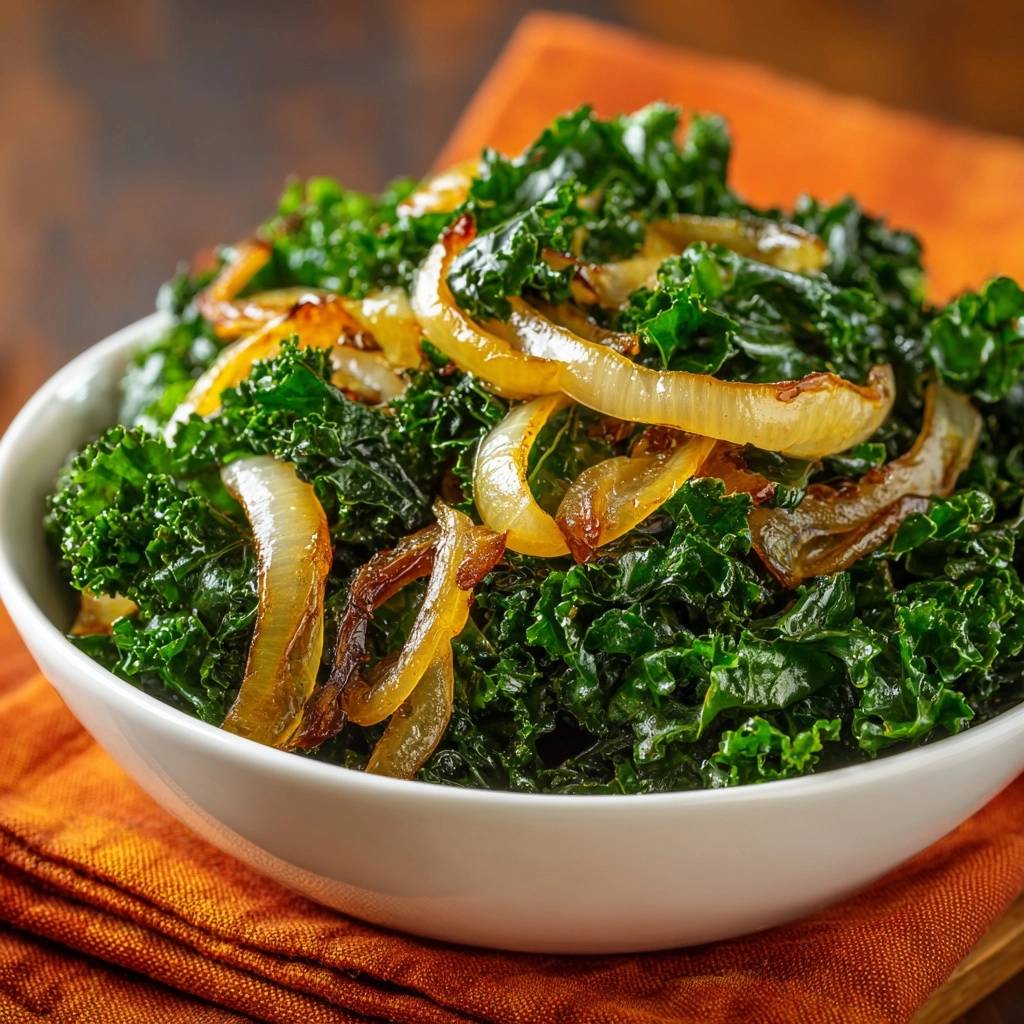 Sauteed kale with caramelized onions served in a white bowl, presented as a close-up view.