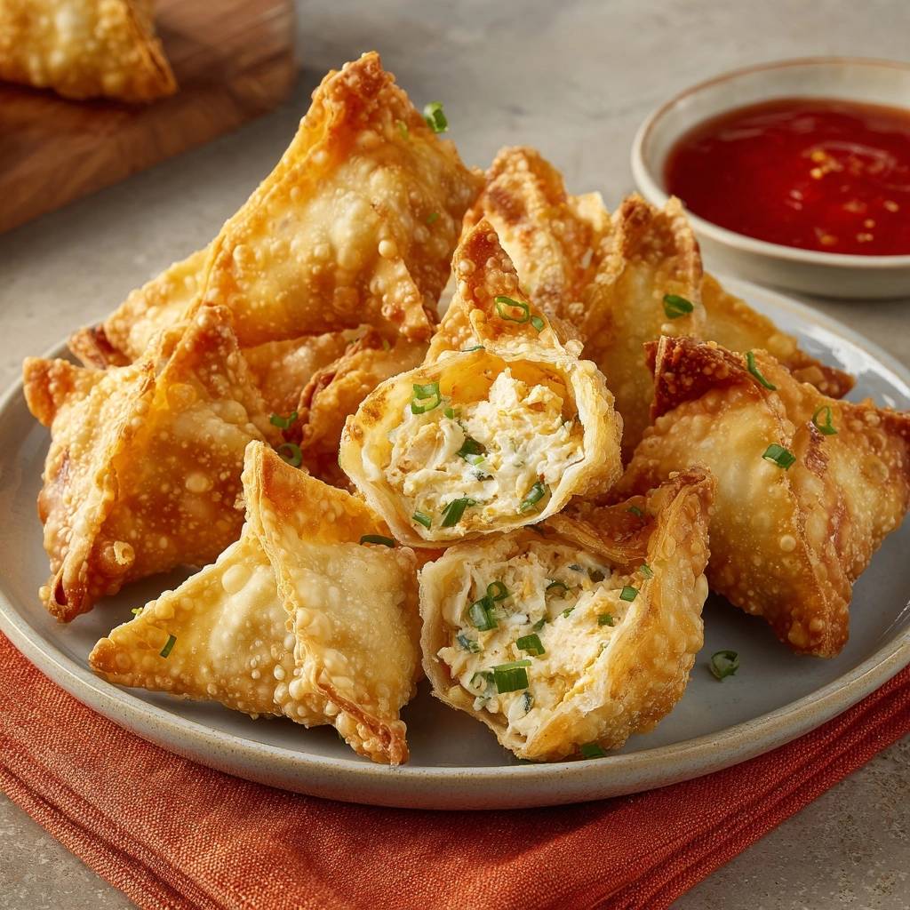 Crispy scallion cream cheese wontons with a close-up cross-section revealing the creamy filling and green onions.