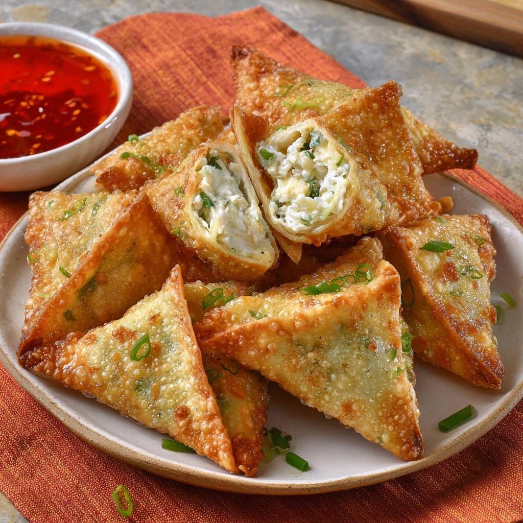 Crispy scallion cream cheese wontons with a close-up cross-section revealing the creamy filling.