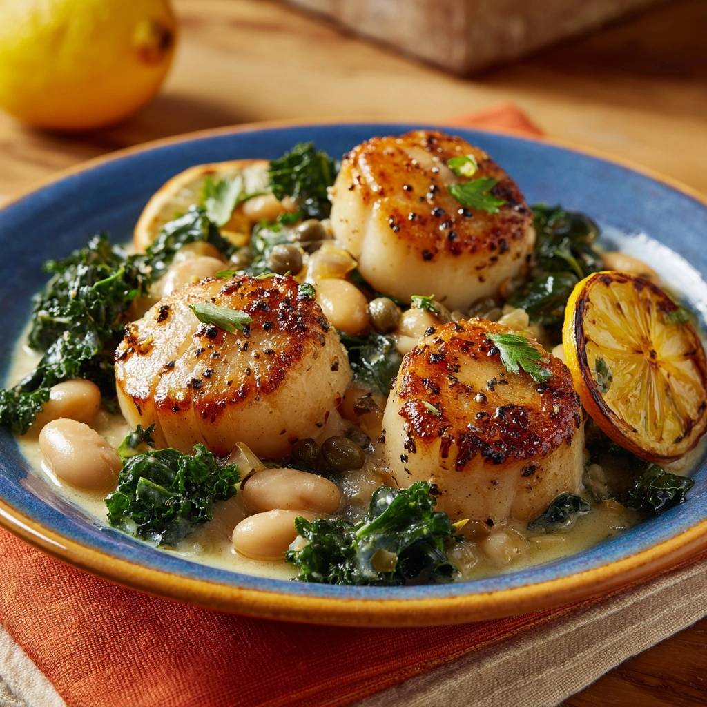 Seared scallops with creamy kale white bean sauce plated with lemon and capers, a close-up view.