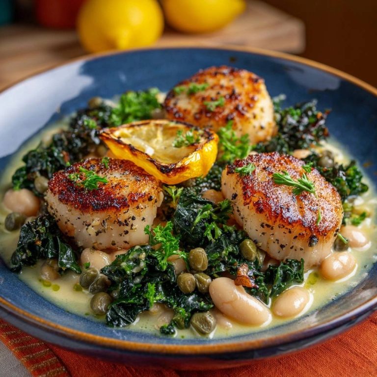 Seared scallops with creamy kale white bean sauce plated with a lemon wedge and parsley garnish.