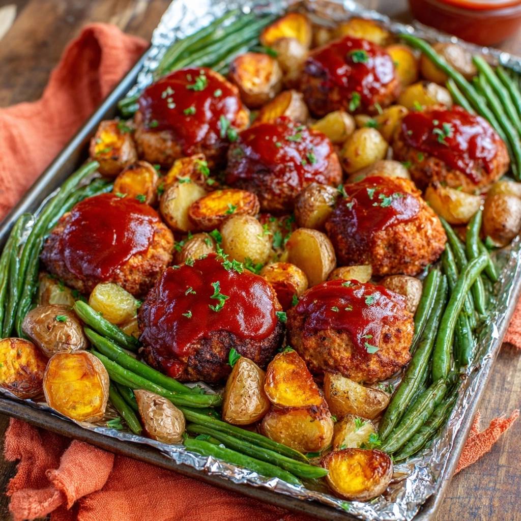 Sheet pan BBQ meatballs with potatoes and green beans arranged on a baking sheet, a close-up view.