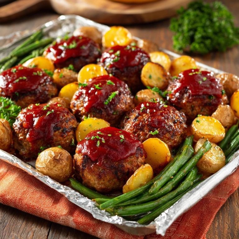 Sheet pan BBQ meatballs with potatoes and green beans shown in an overhead view on a baking sheet.