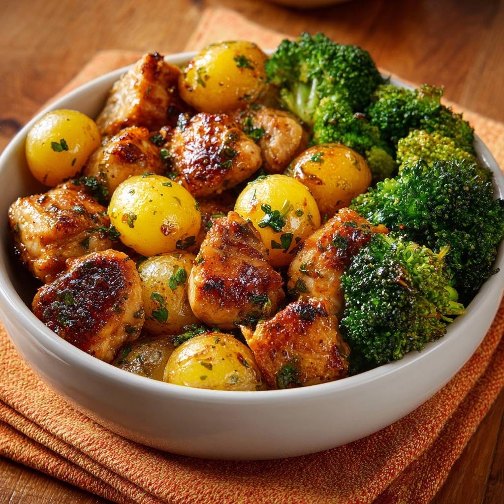Sheet pan garlic chicken with potatoes and broccoli in a white bowl, showing a close-up view of the tender chicken and roasted vegetables.