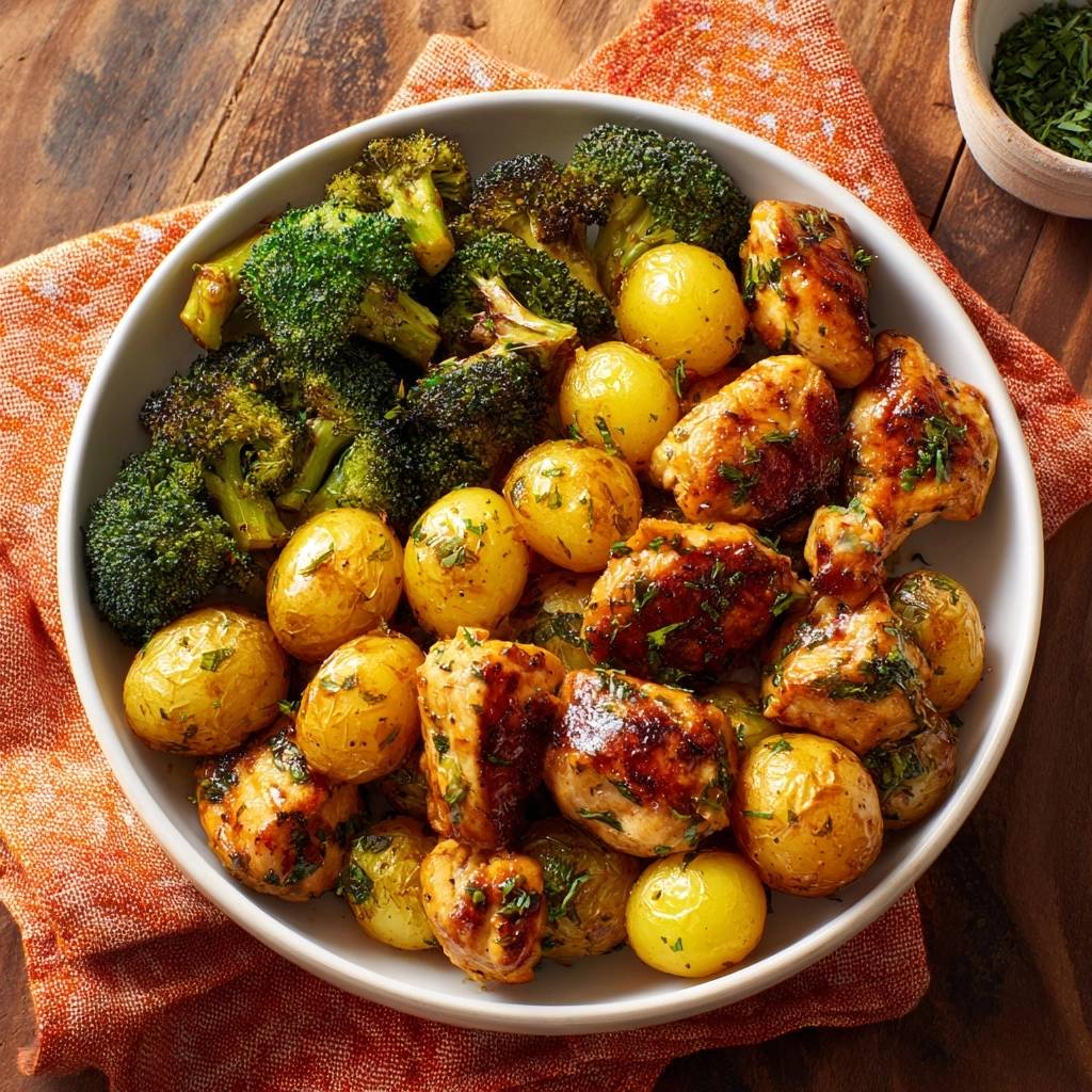 Sheet pan garlic chicken with potatoes and broccoli served in a white bowl, shown from an overhead perspective.