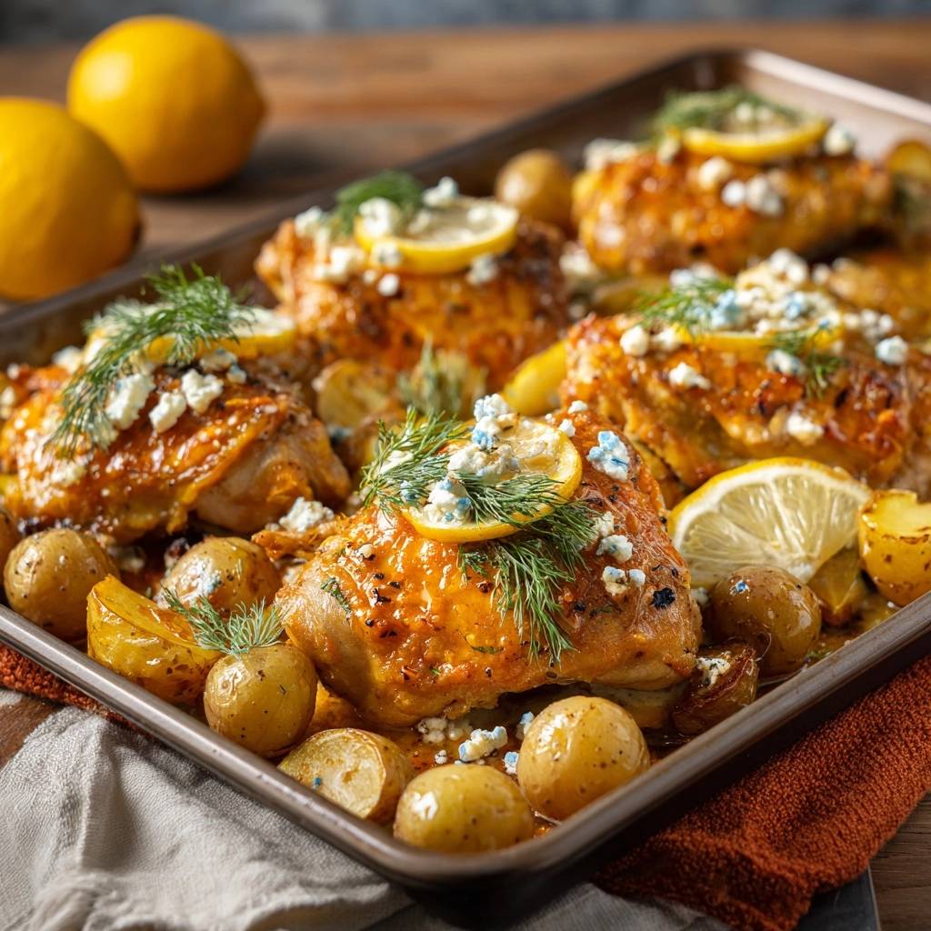 Sheet pan lemon dill chicken thighs with potatoes and feta, close-up view with feta cheese and dill garnish.