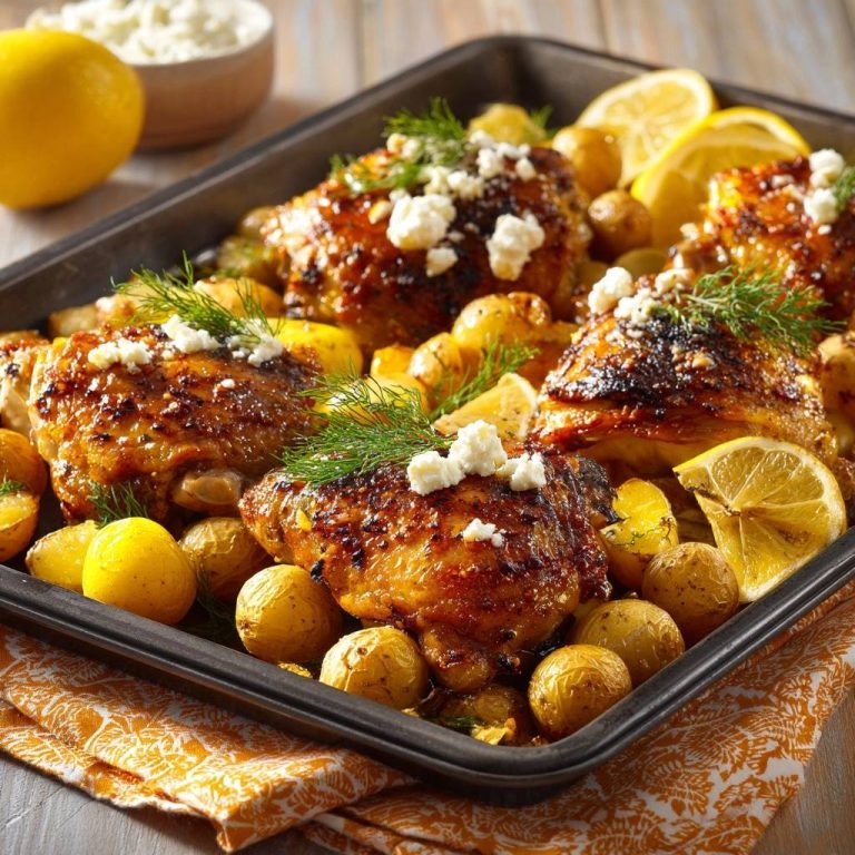 Sheet pan lemon dill chicken thighs with potatoes and feta, garnished with fresh dill and crumbled feta cheese, presented in a baking pan.