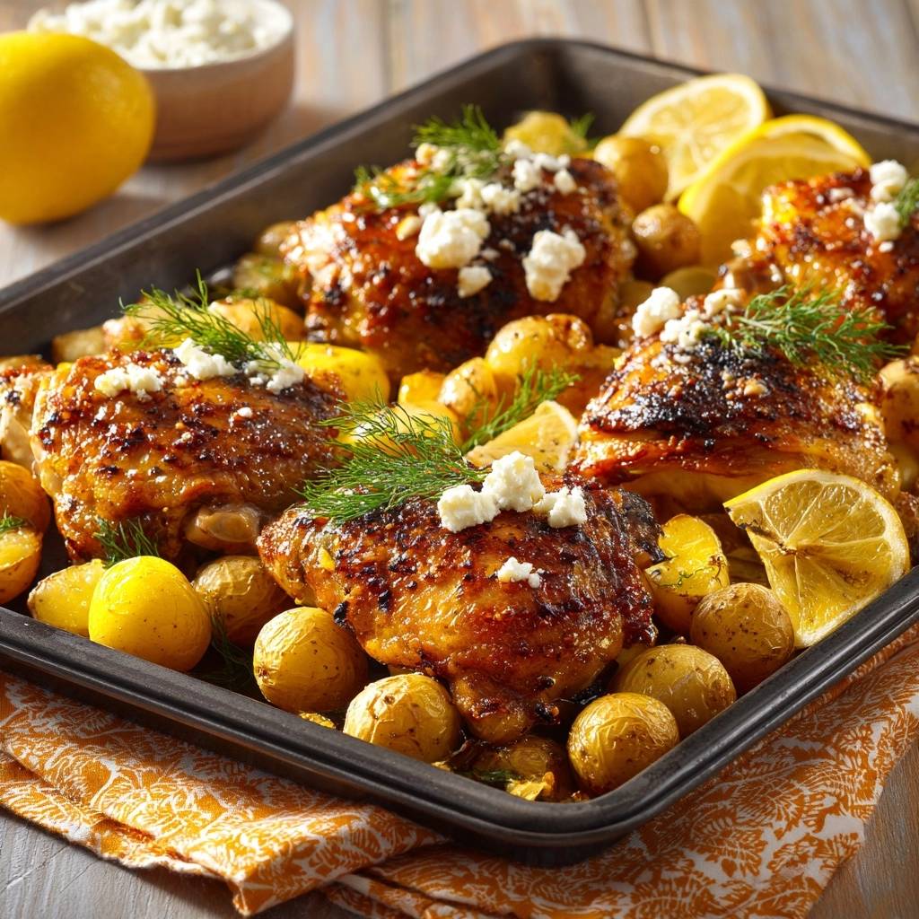 Sheet pan lemon dill chicken thighs with potatoes and feta, garnished with fresh dill and crumbled feta cheese, presented in a baking pan.