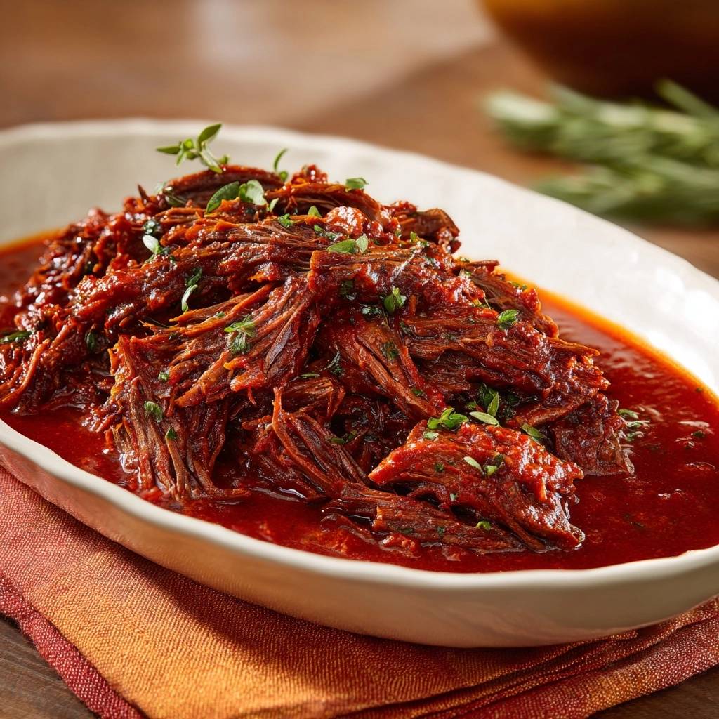 Shredded beef barbacoa shown in a white dish, generously sauced and garnished with fresh herbs.