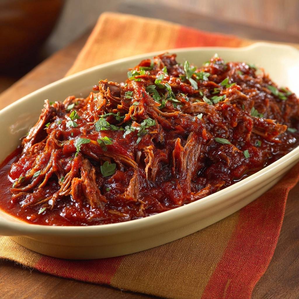 Shredded beef barbacoa served in a light yellow dish, generously garnished with fresh green herbs.