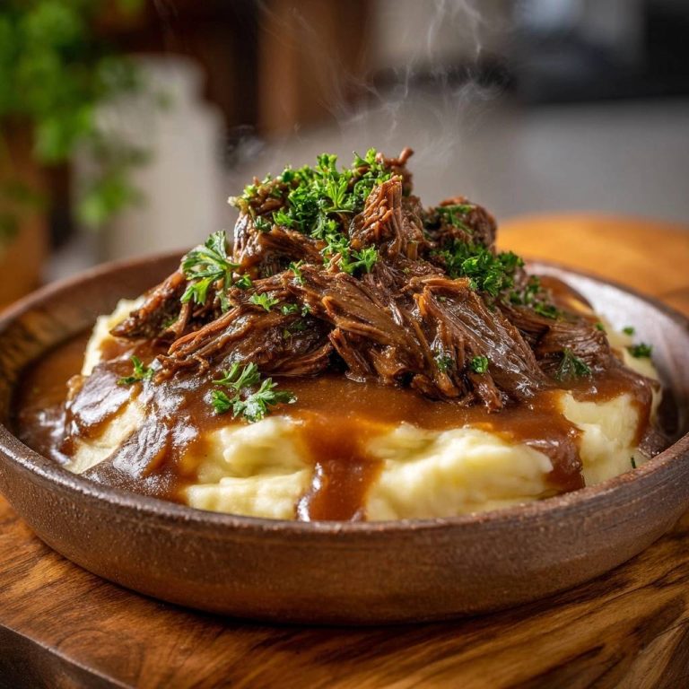 Shredded beef gravy over creamy mashed potatoes, topped with fresh parsley and gently steaming in a wooden bowl.