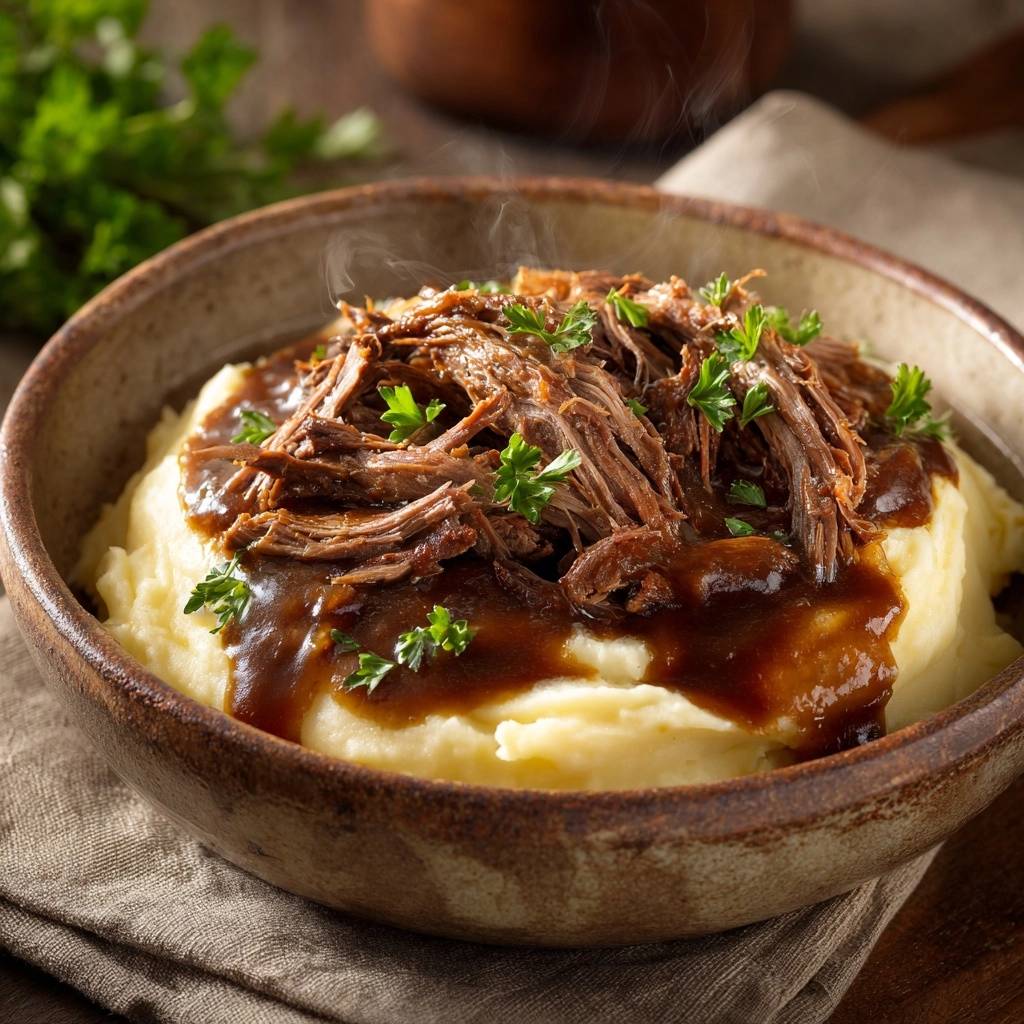 Shredded beef gravy over creamy mashed potatoes served in a rustic bowl, garnished with fresh parsley.