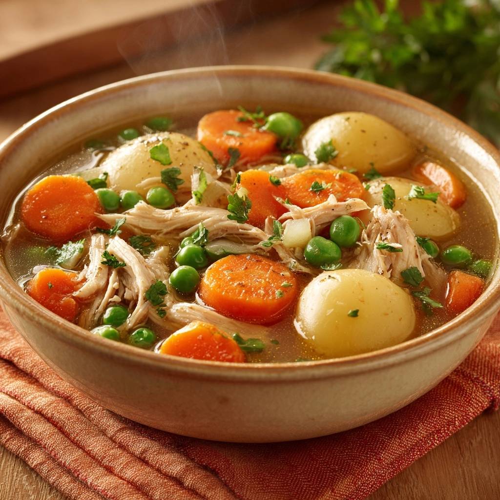 Hearty shredded chicken veggie soup with rich poached broth served in a close-up bowl with carrots, potatoes, and peas.