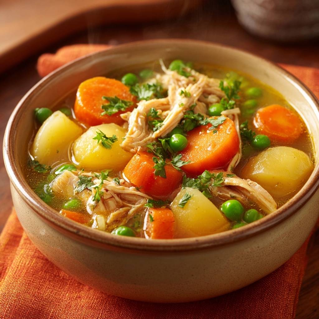 Hearty shredded chicken veggie soup with rich poached broth, shown in a close-up bowl view with carrots, potatoes, and peas.