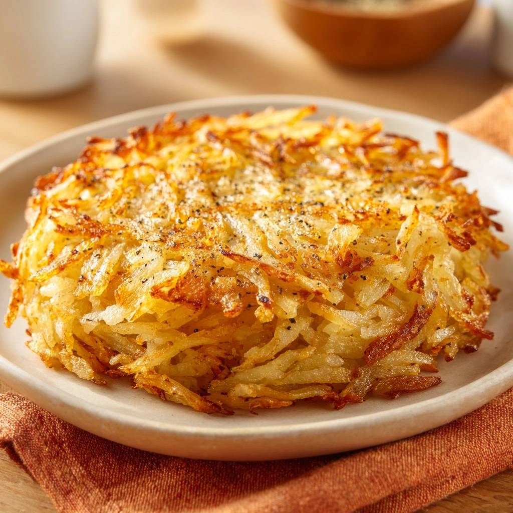 Crispy shredded hash browns plated on a white dish, seasoned with pepper, shown in a close-up view.