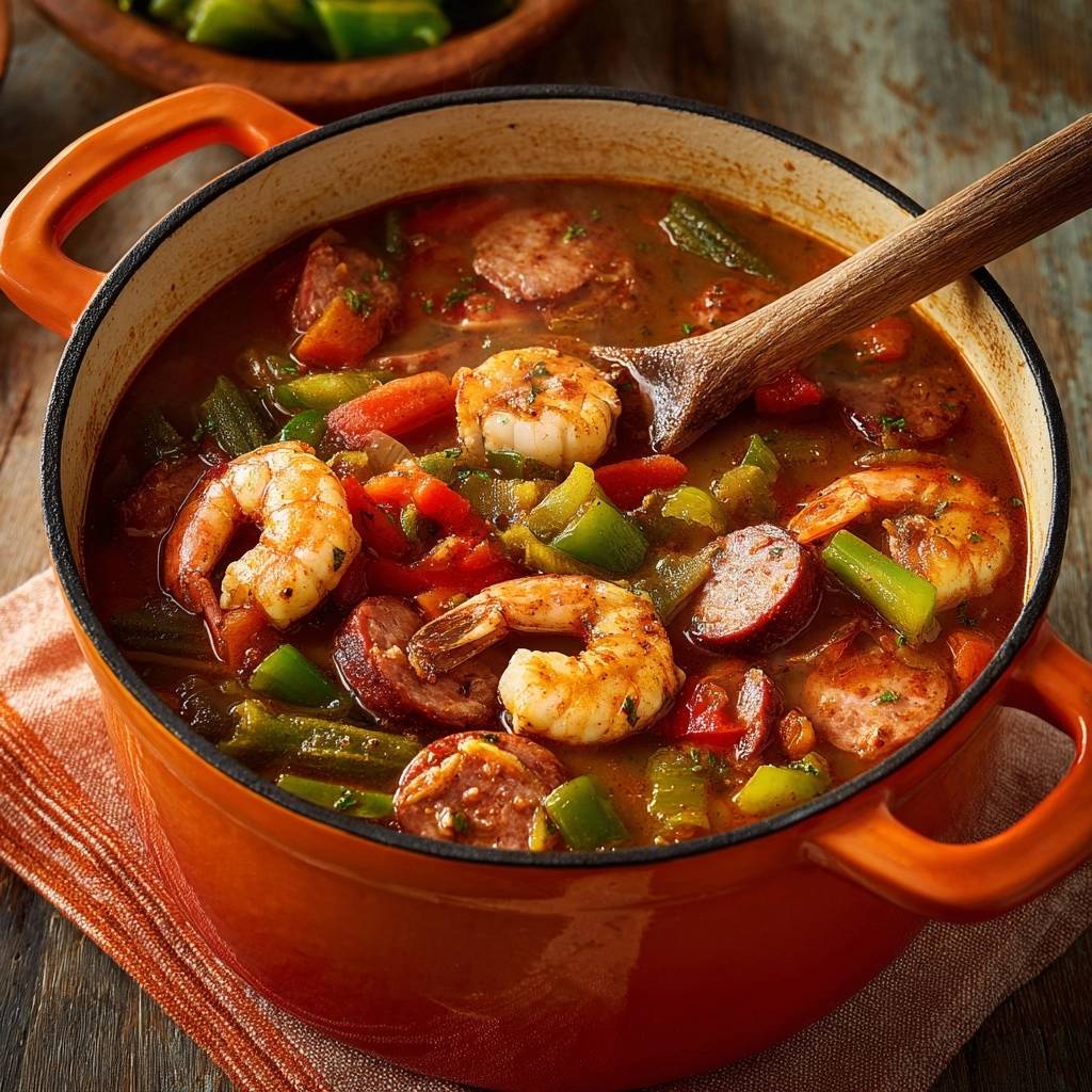 Shrimp and sausage gumbo in a rustic orange Dutch oven, featuring a close-up view of the hearty stew with shrimp, sausage, and vegetables.