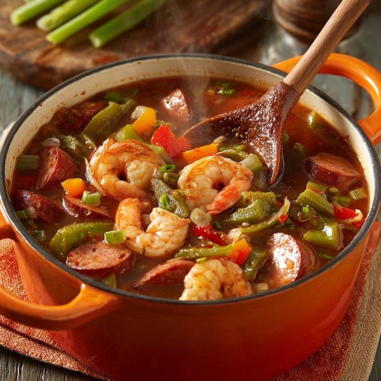 Shrimp and sausage gumbo steaming in a bright orange Dutch oven with a wooden spoon.