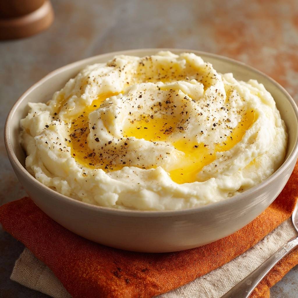 Silky mashed potatoes with melted butter and black pepper garnish in a bowl.