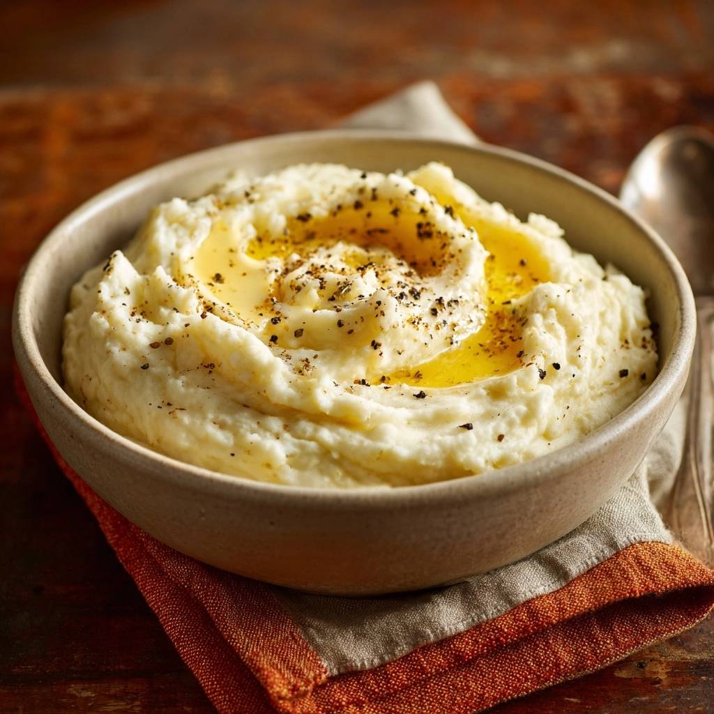 Silky mashed potatoes with melted butter and cracked pepper in a bowl, a close-up view.