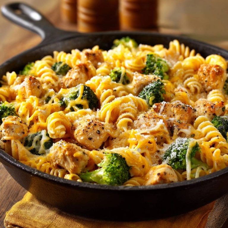Skillet Cheesy Chicken Broccoli Rotini shown in a close-up view within a black cast iron pan.