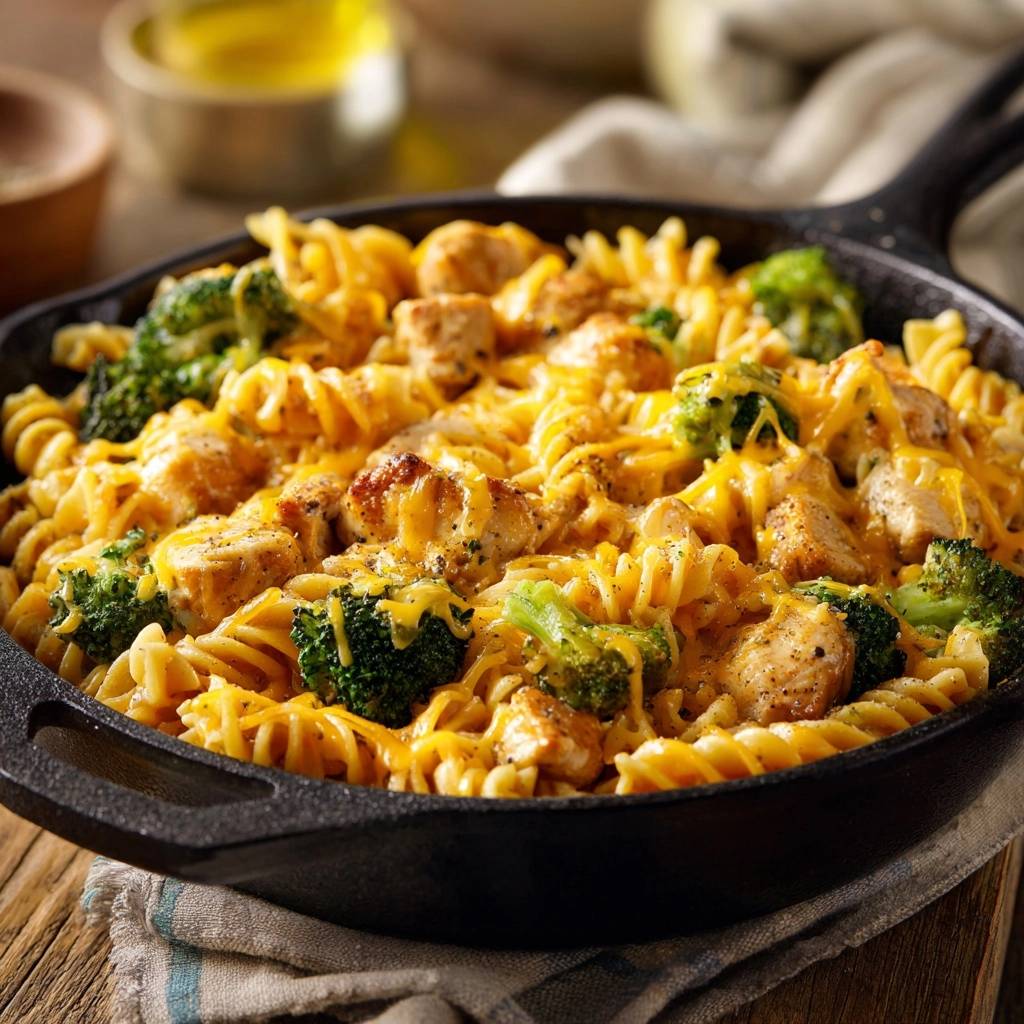 Skillet cheesy chicken broccoli rotini served in a black cast iron skillet, showcasing the cheesy pasta and chicken.