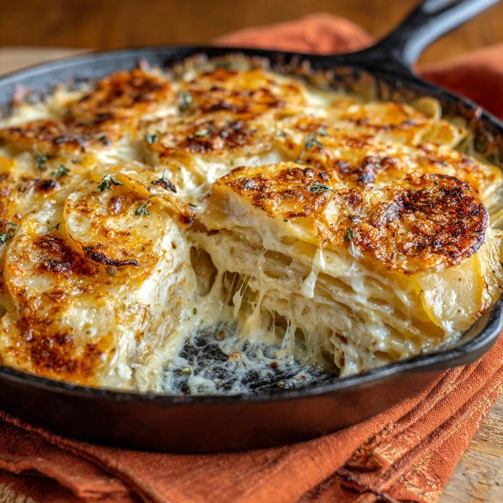 Skillet cheesy potatoes au gratin showing a close-up slice with melted cheese and layers of thinly sliced potatoes.