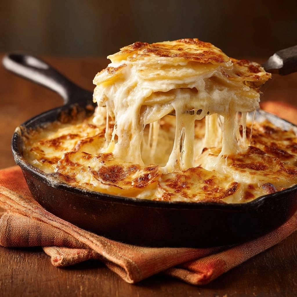 Skillet Cheesy Potatoes Au Gratin with a generous pull of melted cheese being lifted from the cast iron pan.