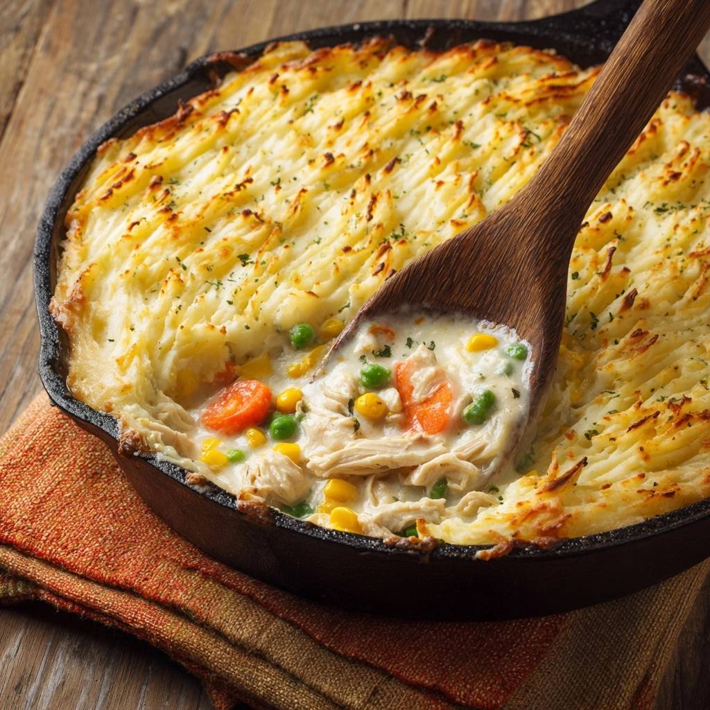 Skillet chicken shepherds pie with crispy mash topping, showing a spoonful being scooped from the creamy filling and vegetables.