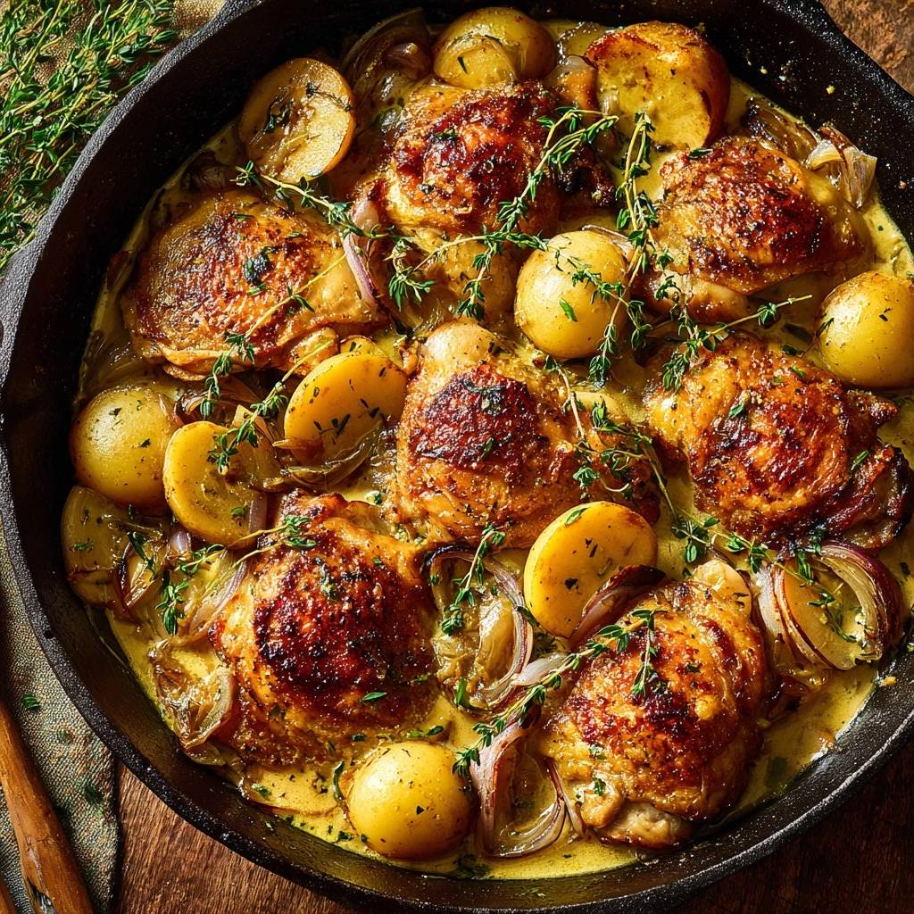 Skillet chicken thighs with onions and potatoes presented in a cast iron skillet from an overhead view.