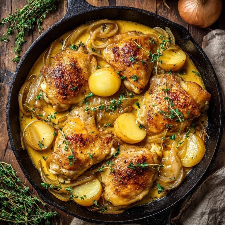 Skillet chicken thighs with onions and potatoes shown in an overhead view, glistening in a creamy sauce with fresh thyme garnish.